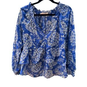 Rebecca Taylor Blue Floral Peasant Blouse Long Sleeve V Neck Tie Front Women 6
